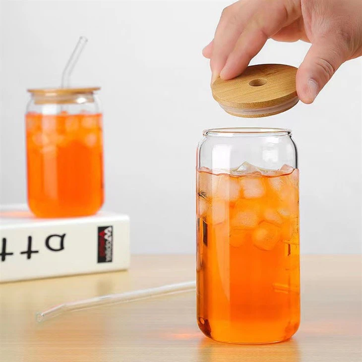 Drinking Glass With Bamboo Lids And Glass Straws16 Oz